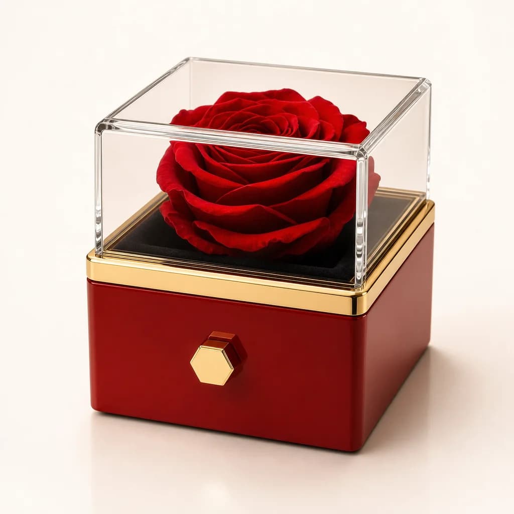 The original square red Rose Box with straight clear edges and gold trim