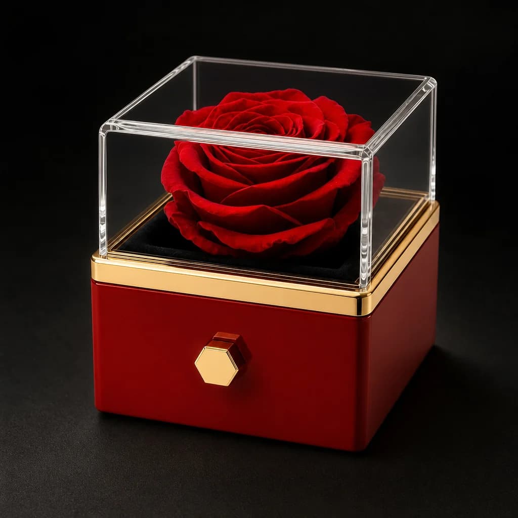 Square red Eternal Rose Box — evening presentation
