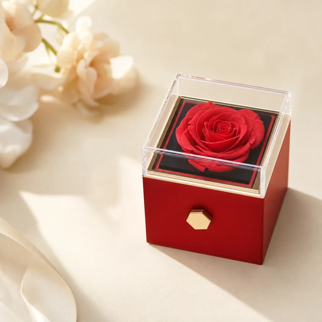 Square red Eternal Rose Box with a clear cubic cover, gold trim and hexagonal knob