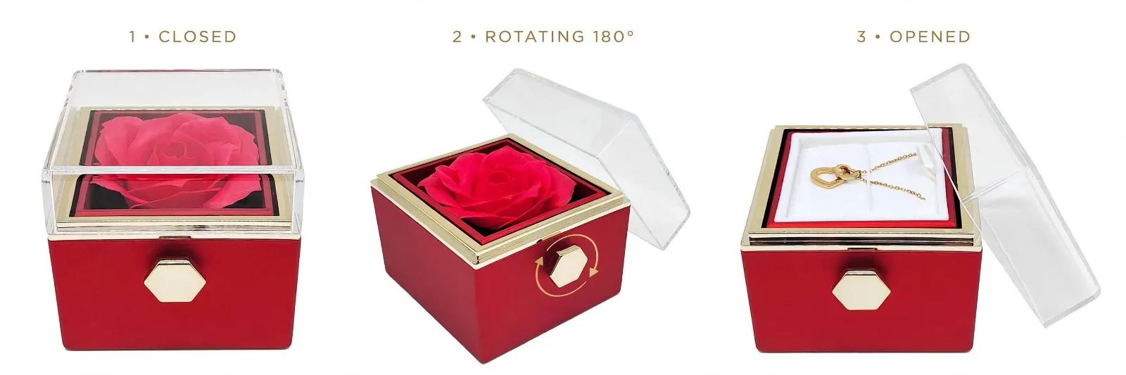 The square red Rose Box shown closed, turning 180 degrees and open to reveal the necklace drawer, with the clear cover lifted